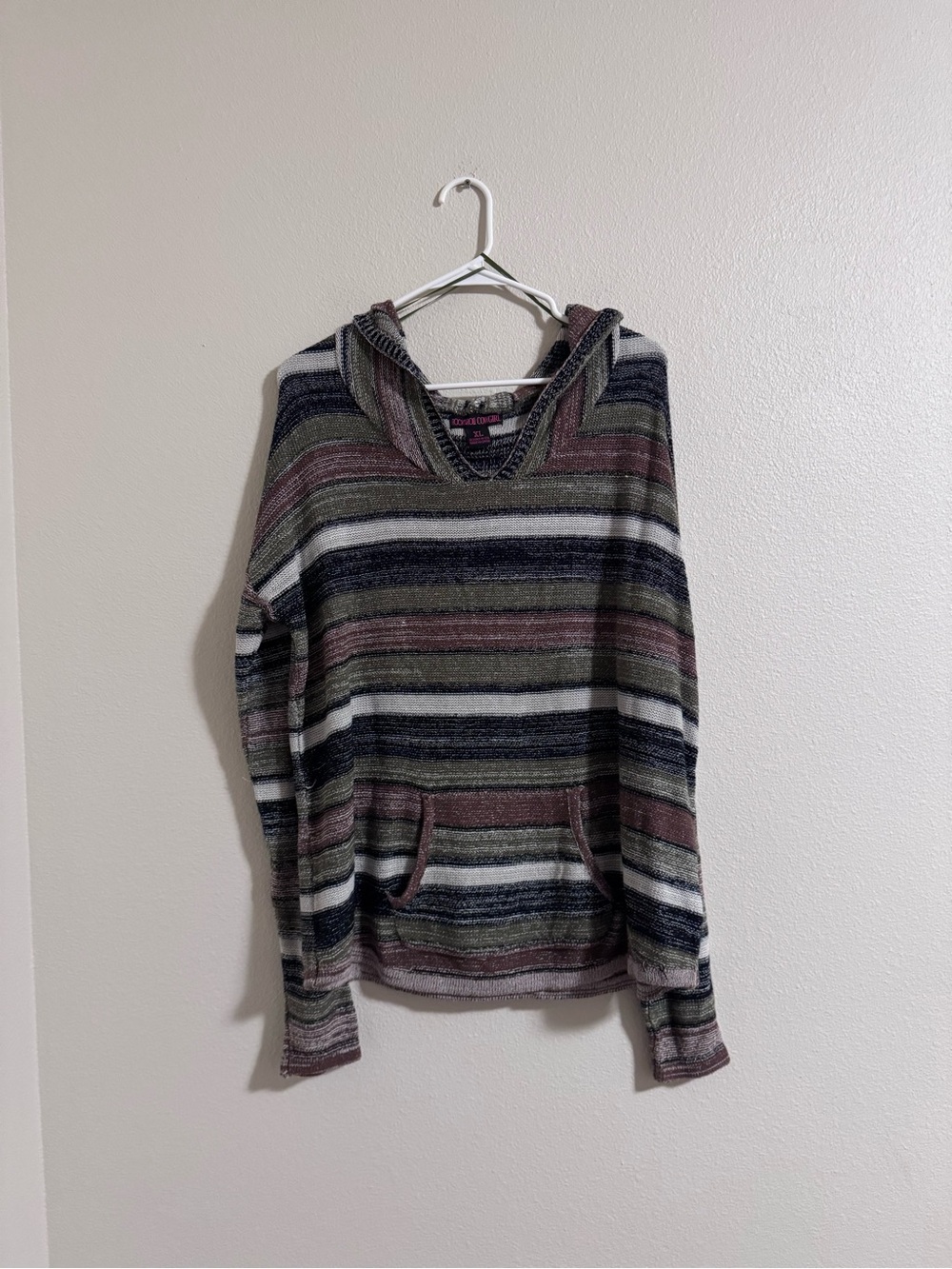 Rock & Roll Cowgirl Striped Hooded Cowl Pullover in Olive, Burgundy & Cream